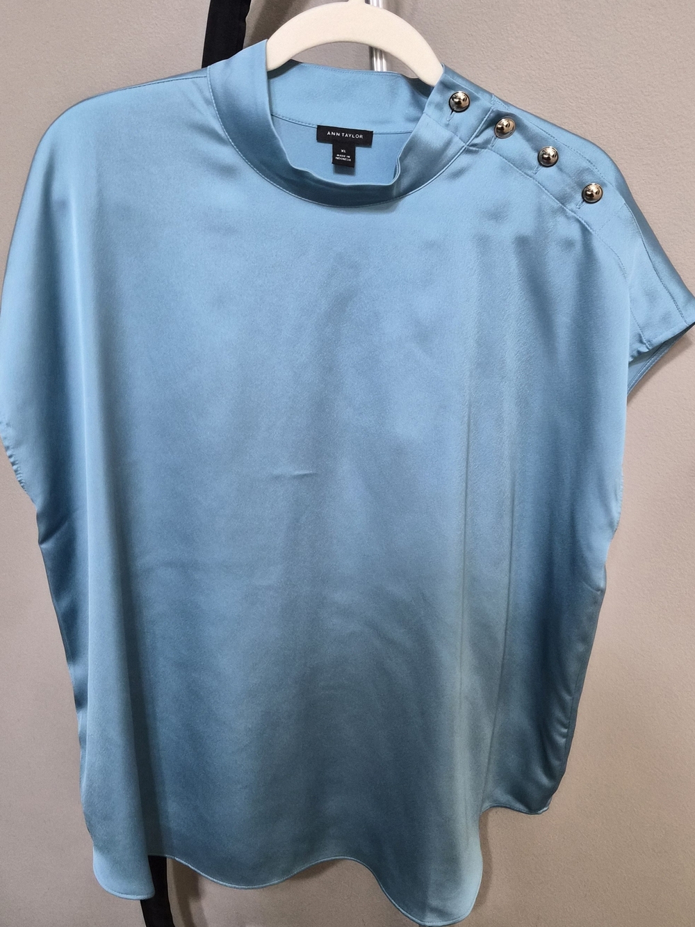 Ann Taylor Light Blue Satin Button-Shoulder Blouse